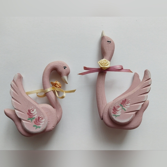 Other - VTG Pair Handmade Wooden Pink Swans Hand Painted Farmhouse Cottage Core Country
